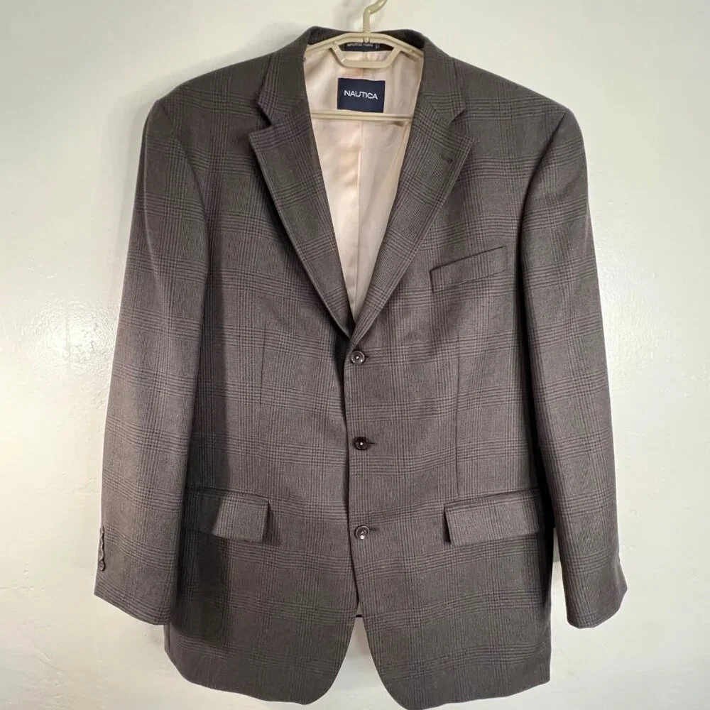 Nautica Mens Gray Tweed Plaid Wool Cashmere Blazer Jacket 46L Superior Tailoring